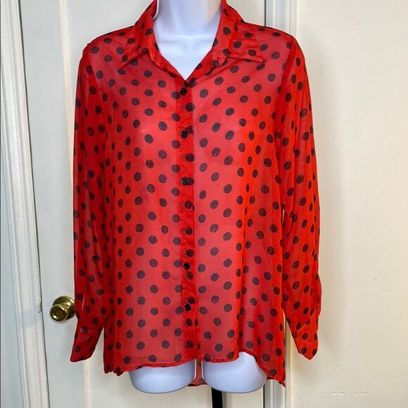 Red Polka Dot Sheer Blouse - Picture 1 of 4